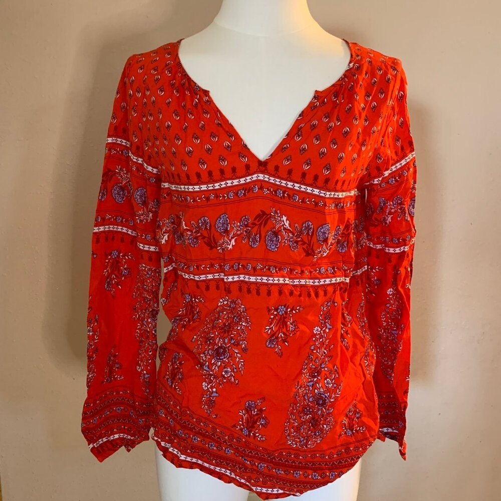 Old Navy women's S red long sleeve flowy floral v-neck handkerchief blouse